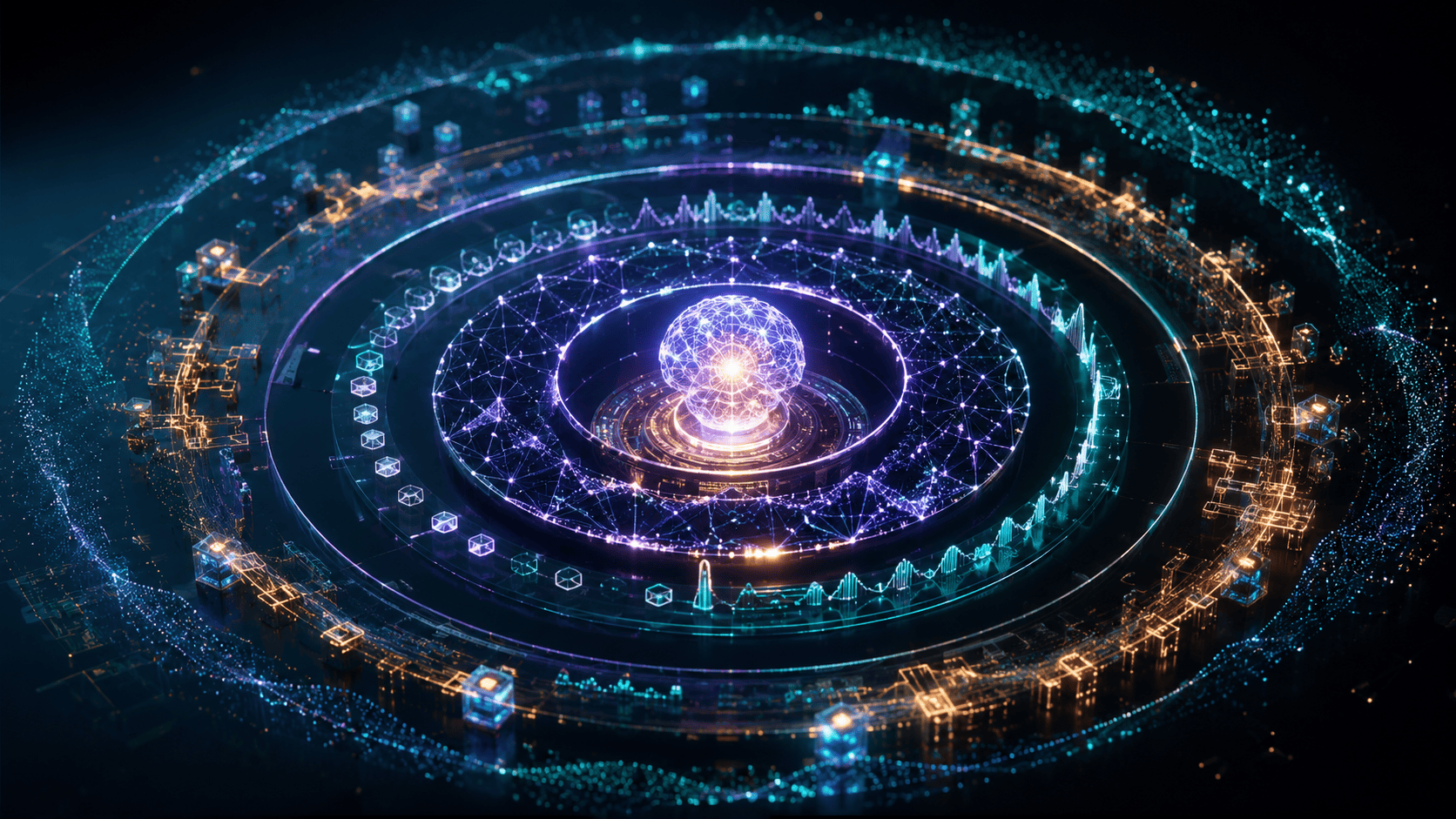 A glowing AI core at the center of concentric reliability rings in deep space.
