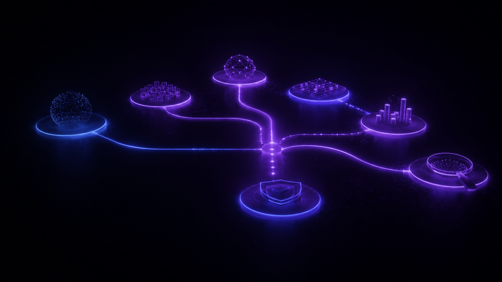 Glowing data platforms connected by light pathways into a single converging hub.