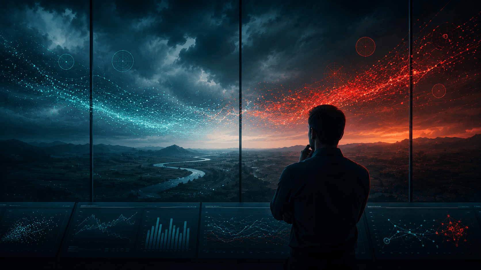 An operator in a control room watching a landscape shift from stable teal on the left to drifting red on the right.