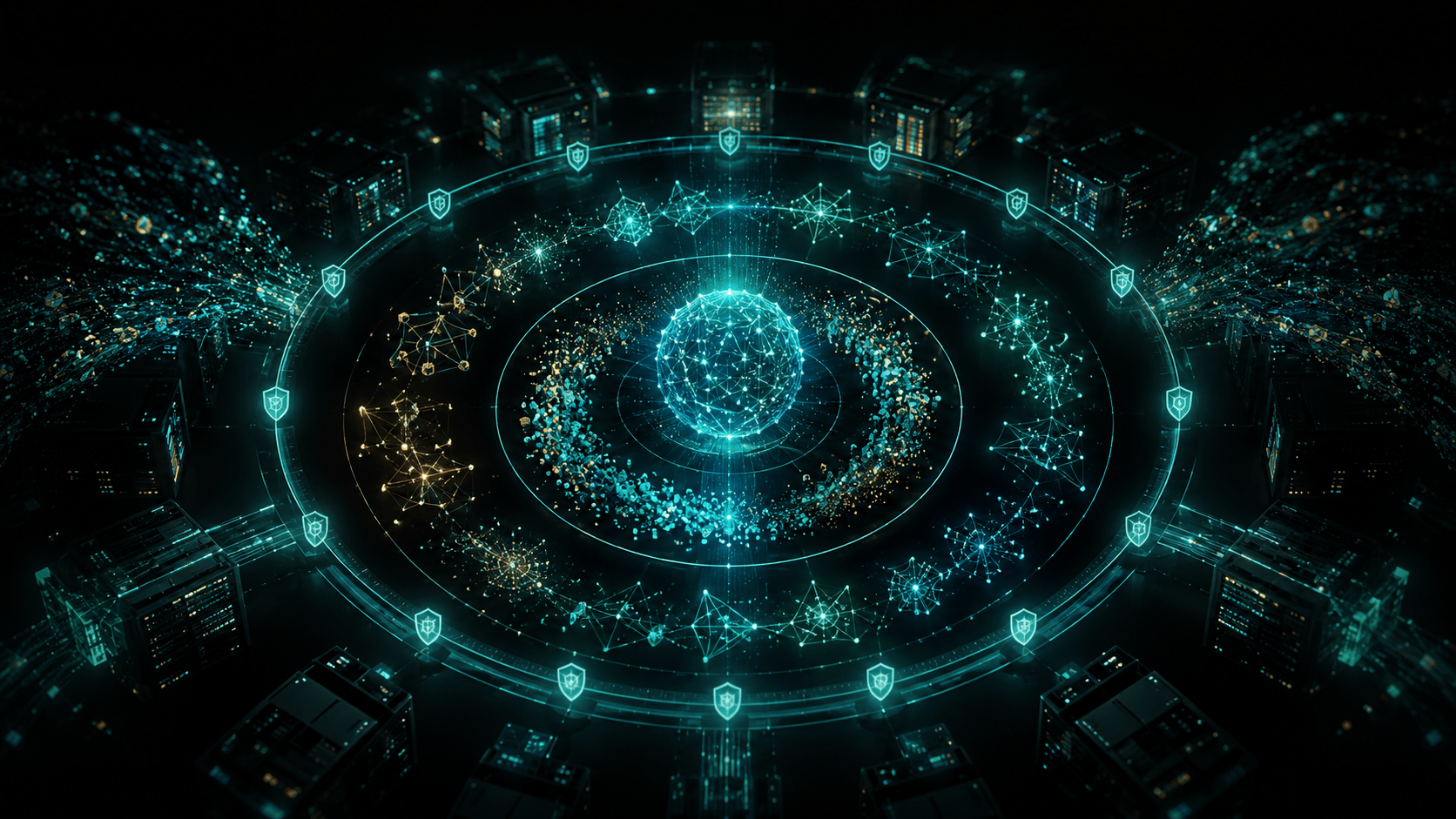 A data nexus with a glowing validated core, surrounded by shielded nodes and server racks.