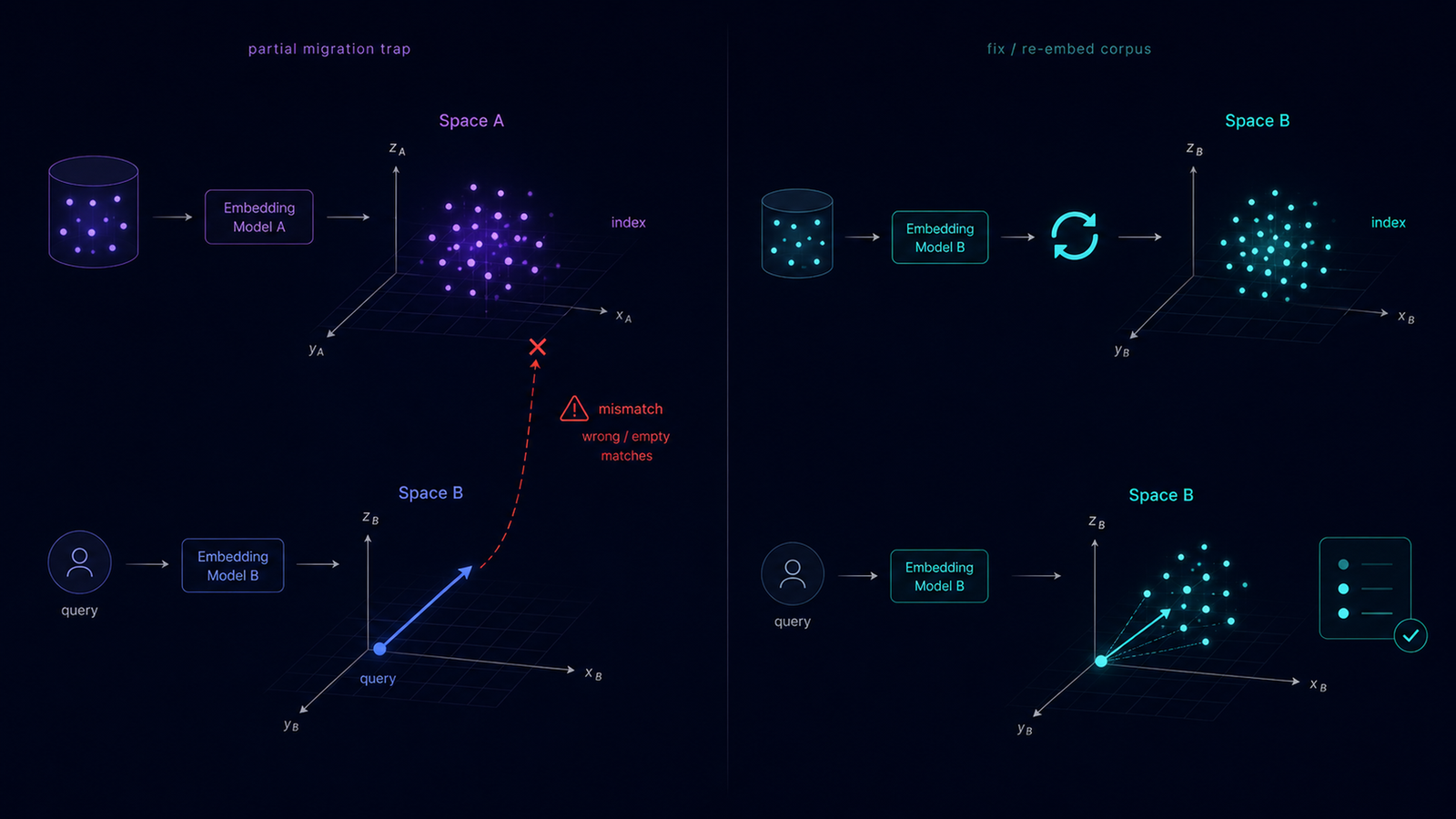 The partial migration trap: an index built with model A, a query embedder swapped to model B landing in a different space, a meaningless comparison, and the fix of re-embedding the corpus
